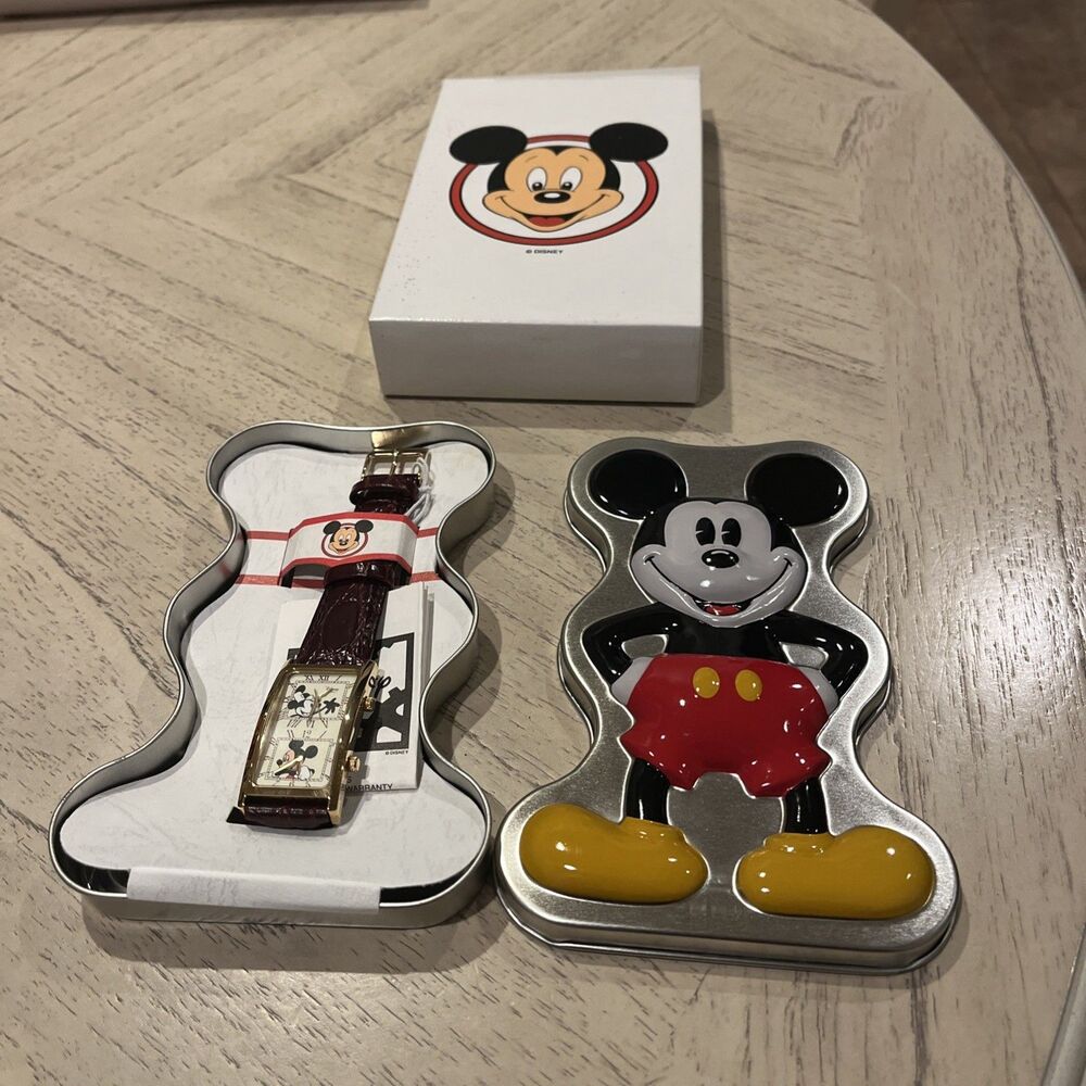 Time Works Disney Watch Mickey Mouse Rectangle Shape Rare in Collector Tin + Box